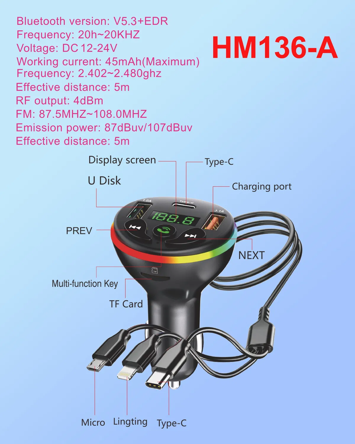 Modulator FM Auto Bluetooth cu Player MP3 Digital, Afișaj LED, Încărcare Rapidă QC 3.0, 2 Porturi USB 5V/3.1A, Compatibil cu Sisteme 12V-24V [3]