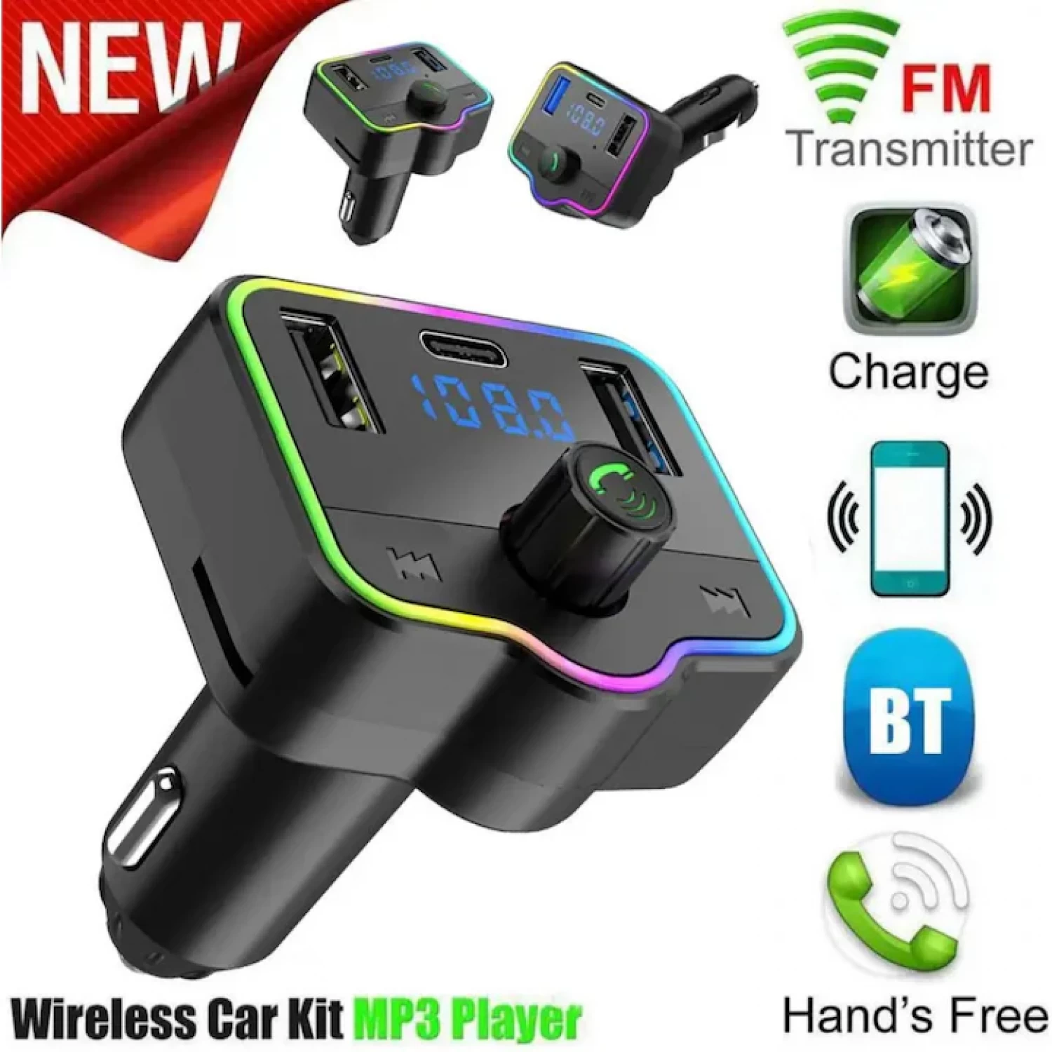 Modulator FM auto M46 cu telecomanda, Handsfree, Dual USB, Bluetooth 5.0, Transmitator FM cu functie de incarcator auto, Port USB Type C [1]
