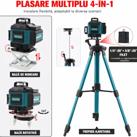 Nivelă Laser 4D Profesională, 16 Linii Verzi 360°, Autonivelare Automată, Trepied Reglabil și Bază Rotativă 360°, Telecomandă, 2 Baterii Incluse, Suport Magnetic, Ochelari și Valiză [8]
