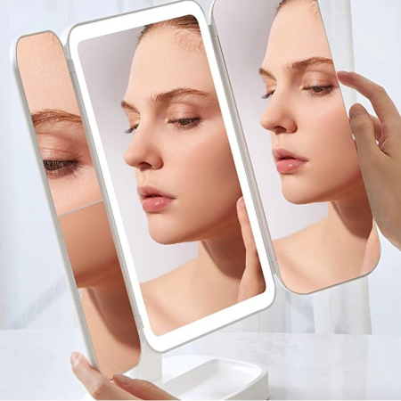 Oglindă Cosmetică LED pentru Machiaj - Zoom 2X/3X, Iluminare Reglabilă, Touch, Rotire 360°, Alimentare USB, 3 Oglinzi Laterale, Alb [9]