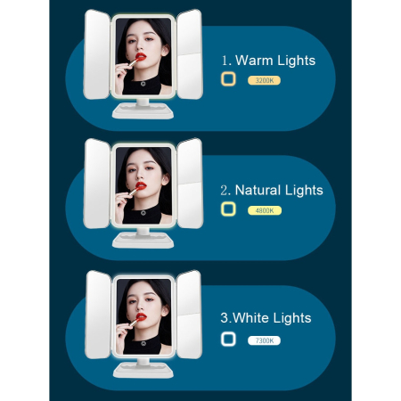 Oglindă Cosmetică LED pentru Machiaj - Zoom 2X/3X, Iluminare Reglabilă, Touch, Rotire 360°, Alimentare USB, 3 Oglinzi Laterale, Alb [6]