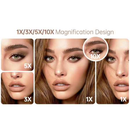 Oglindă Cosmetică LED pentru Machiaj - Zoom 2X/3X, Iluminare Reglabilă, Touch, Rotire 360°, Alimentare USB, 3 Oglinzi Laterale, Alb [10]