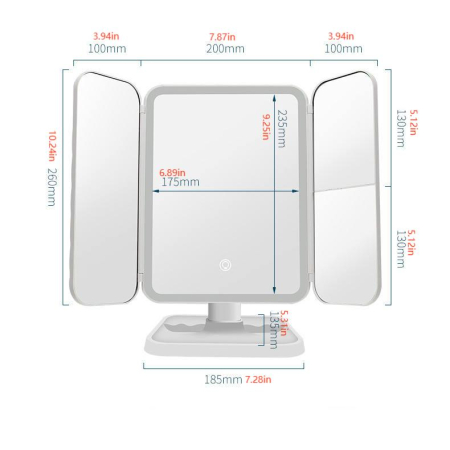 Oglindă Cosmetică LED pentru Machiaj - Zoom 2X/3X, Iluminare Reglabilă, Touch, Rotire 360°, Alimentare USB, 3 Oglinzi Laterale, Alb [5]
