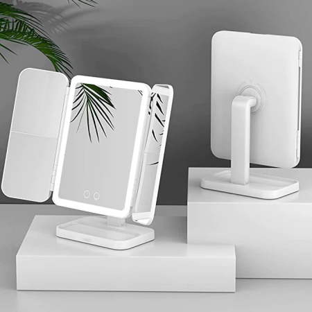 Oglindă Cosmetică LED pentru Machiaj - Zoom 2X/3X, Iluminare Reglabilă, Touch, Rotire 360°, Alimentare USB, 3 Oglinzi Laterale, Alb [4]