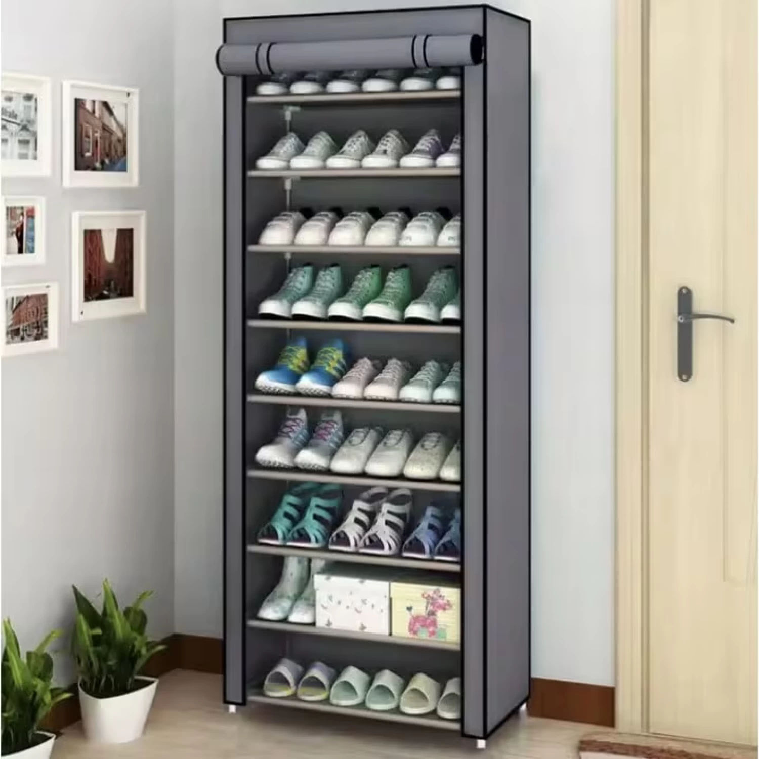 Rafturi, Organizatoare si Suporturi - Pantofar cu 9 Rafturi, din Material Textil și Metal, 58 × 30 × 158 cm, Demontabil, Organizator pentru Încălțăminte, Design Compact, Gri