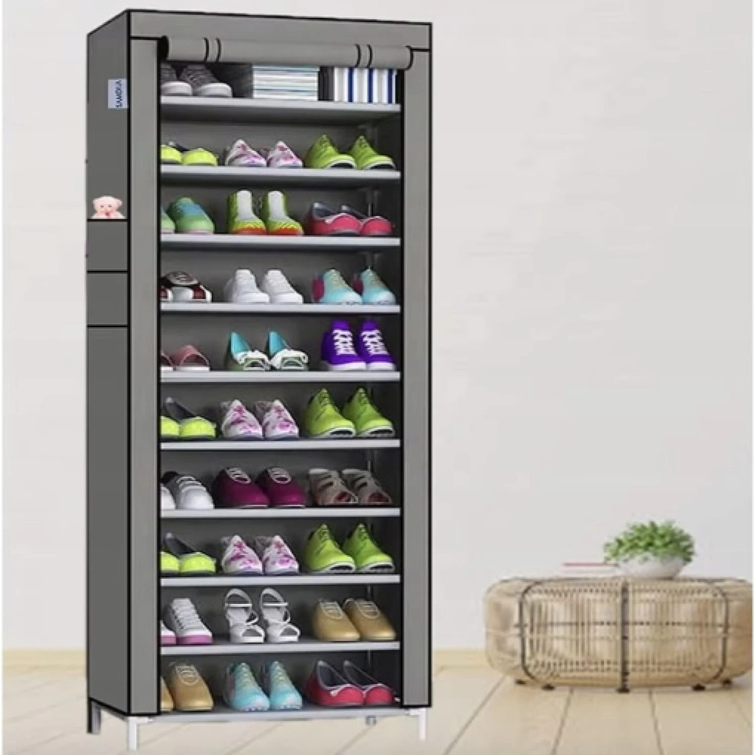 Pantofar cu 9 Rafturi, din Material Textil și Metal, 58 × 30 × 158 cm, Demontabil, Organizator pentru Încălțăminte, Design Compact, Gri [2]