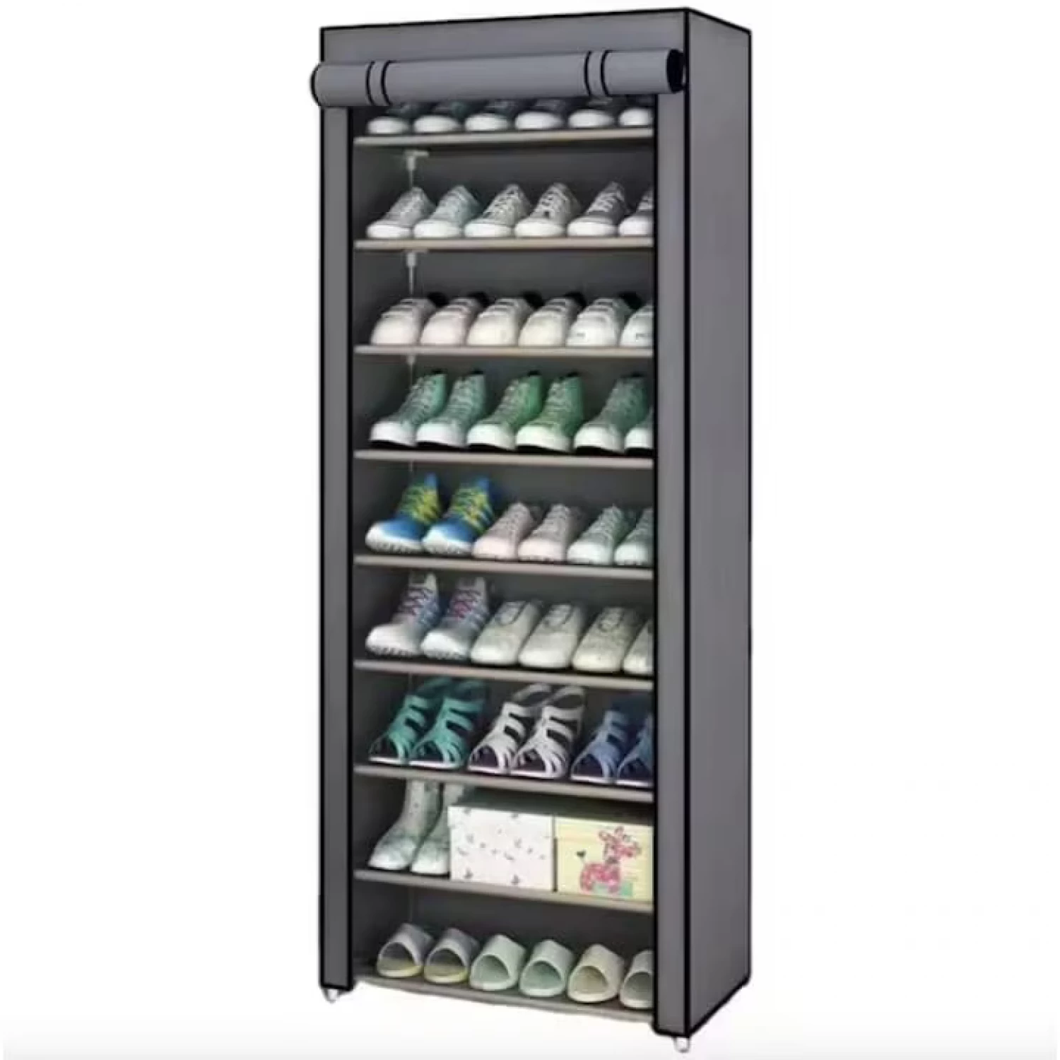 Pantofar cu 9 Rafturi, din Material Textil și Metal, 58 × 30 × 158 cm, Demontabil, Organizator pentru Încălțăminte, Design Compact, Gri [1]