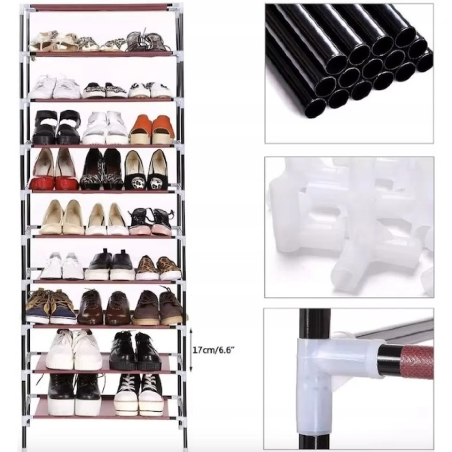 Pantofar cu 9 Rafturi, din Material Textil și Metal, 58 × 30 × 158 cm, Demontabil, Organizator pentru Încălțăminte, Design Compact, Gri [3]