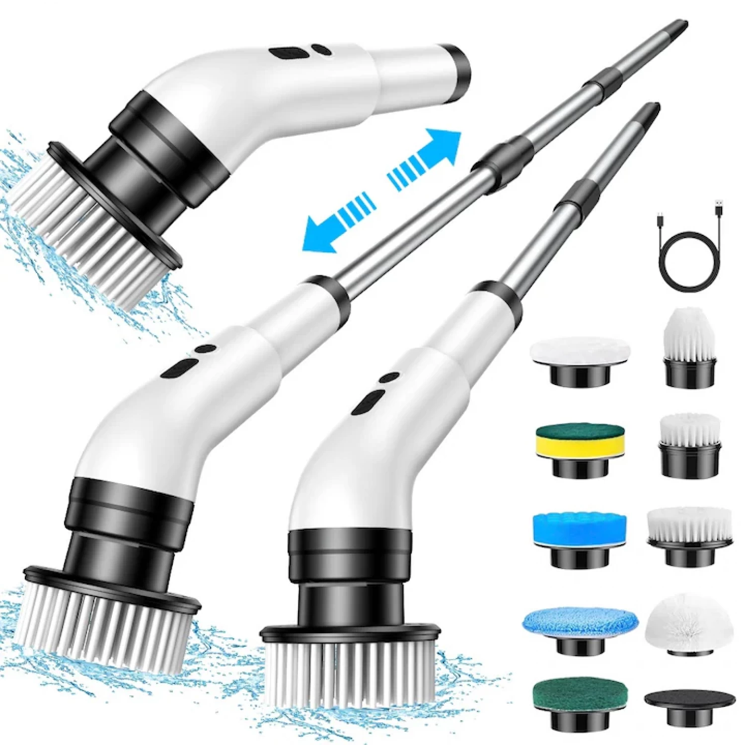 Perie Electrica Rotativa pentru Curatare Bucatarie, Baie, Pardoseala, Geamuri, Masina, 9 Capete, Autonomie 90 de Minute, 450 RPM, 2 Viteze, Maner Extensibil de 137 cm, Reincarcabila USB, Aluminiu, Alb [15]