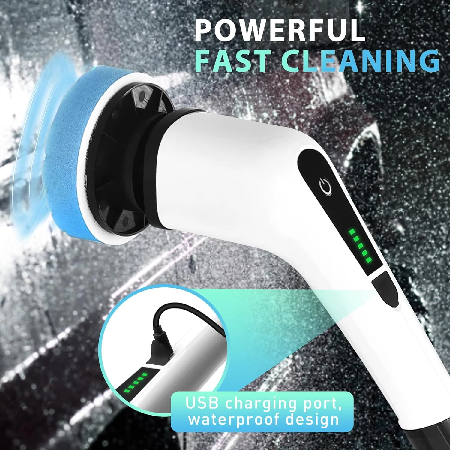 Perie Electrica Rotativa pentru Curatare Bucatarie, Baie, Pardoseala, Geamuri, Masina, 9 Capete, Autonomie 90 de Minute, 450 RPM, 2 Viteze, Maner Extensibil de 137 cm, Reincarcabila USB, Aluminiu, Alb [7]