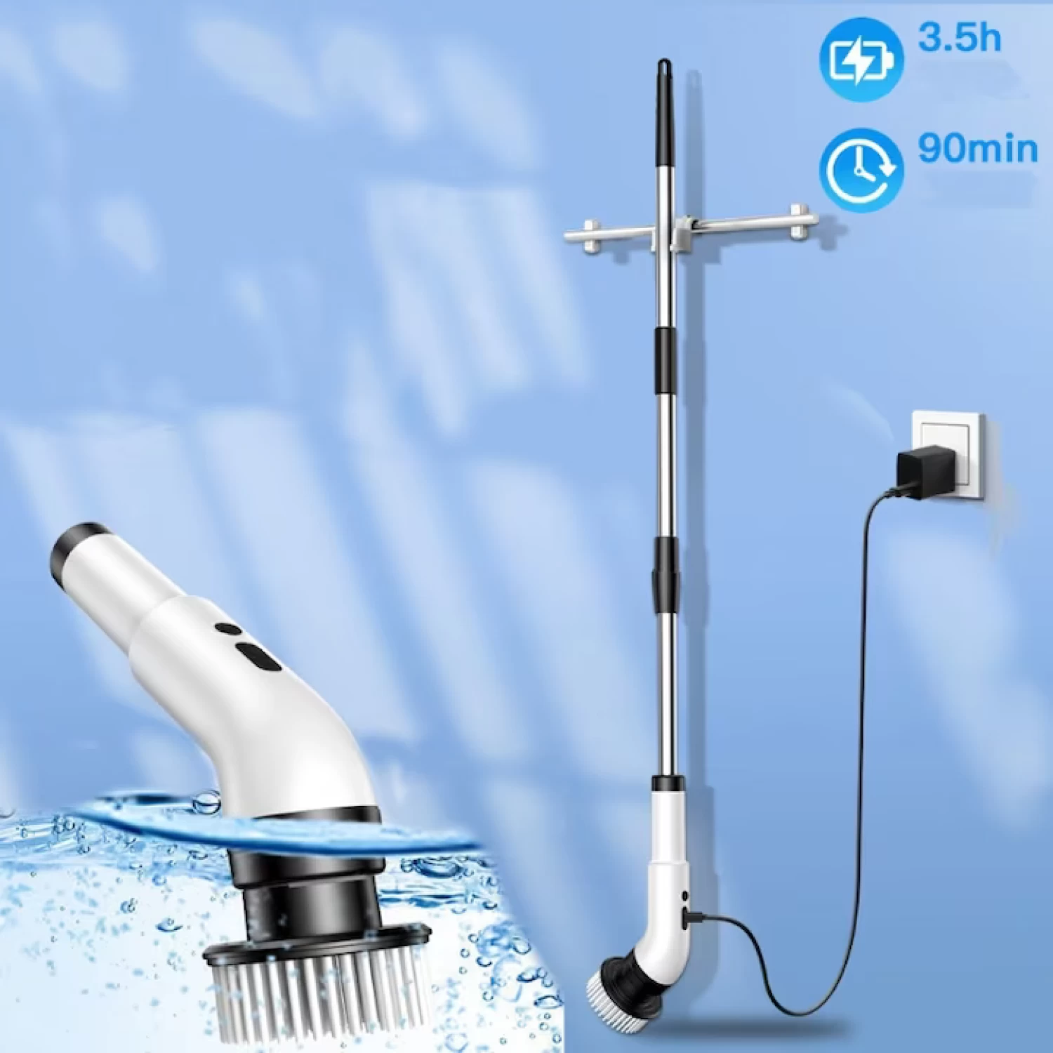 Perie Electrica Rotativa pentru Curatare Bucatarie, Baie, Pardoseala, Geamuri, Masina, 9 Capete, Autonomie 90 de Minute, 450 RPM, 2 Viteze, Maner Extensibil de 137 cm, Reincarcabila USB, Aluminiu, Alb [13]