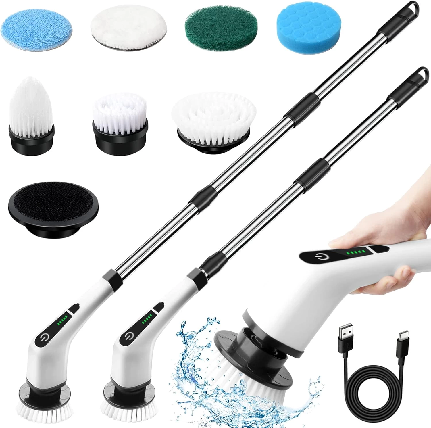 Casa si Bucatarie - Perie Electrica Rotativa pentru Curatare Bucatarie, Baie, Pardoseala, Geamuri, Masina, 9 Capete, Autonomie 90 de Minute, 450 RPM, 2 Viteze, Maner Extensibil de 137 cm, Reincarcabila USB, Aluminiu, Alb