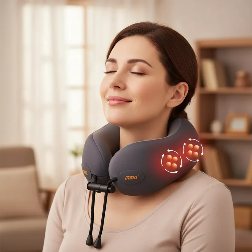 Pernă cervicală inteligentă cu masaj și încălzire, design ergonomic 360°, alimentare USB-C, portabilă, spumă memorie [6]