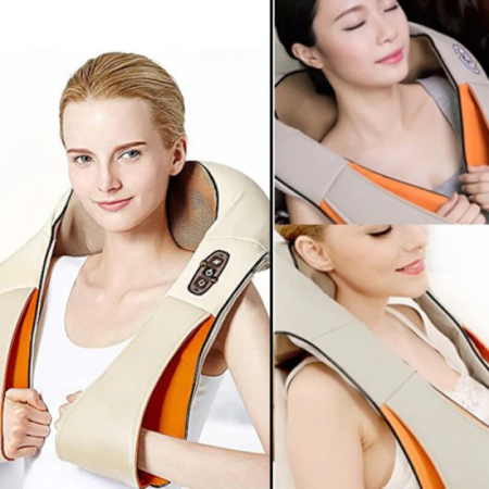 Pernă masaj cervical tip guler, 24W, cu funcție de încălzire și role rotative, oprire automată 10 min, infraroșu 65°C, crem [4]