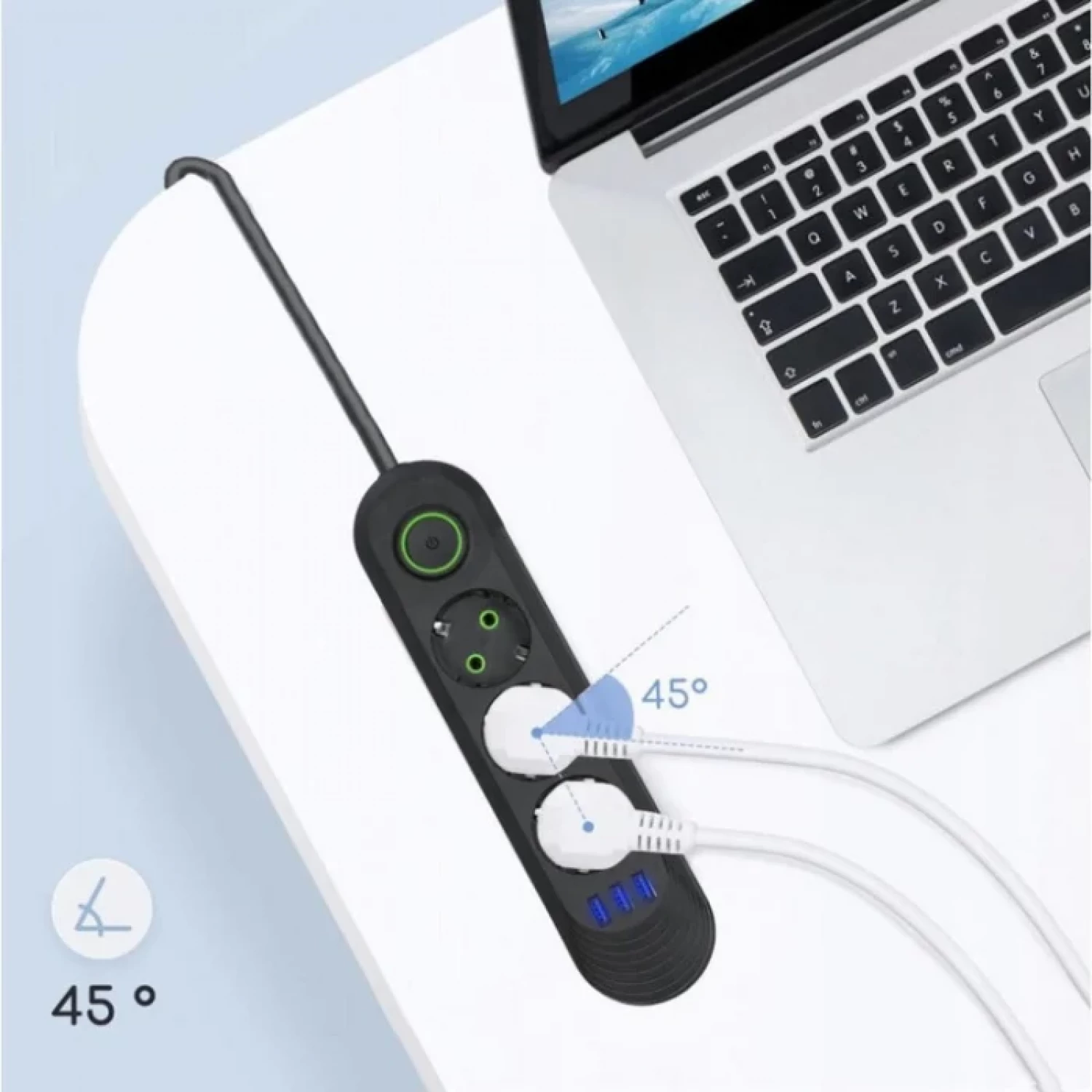 Prelungitor Universal cu 3 Prize și 2 Porturi USB, Suport de Agățare Incorporat, Rezistent la Temperaturi Înalte, Lungime 2m, Culoare Neagră, Control Cu Întrerupător - Soluție Multifuncțională pentru [1]