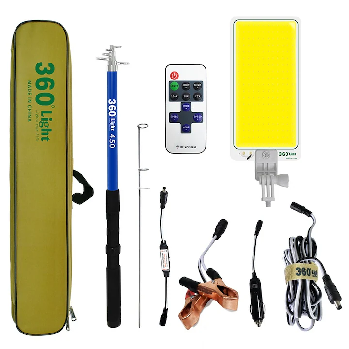 Lampi solare si lanterne led - Proiector Camping LED 47W, 4558 lm, braț telescopic reglabil 4.5 m, 3 adaptoare 220V/Auto/Cleme, telecomandă inclusă, waterproof