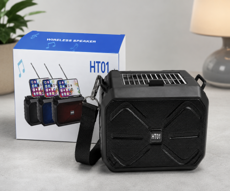 Radio cu ceas & portabile - Radio Portabil Bluetooth HT01, Radio FM și Redare MP3 prin Bluetooth, USB și Card TF, Difuzor Stereo, Panou Solar Integrat, Lanternă LED, Acumulator Reîncărcabil, Curea pentru Transport