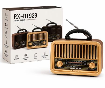 Radio cu ceas & portabile - Radio Portabil Bluetooth RX-BT929, Design Retro Vintage, Radio FM/AM/SW, Redare MP3 prin Bluetooth, USB, Card TF și AUX, Difuzor Stereo Hi-Fi, Acumulator Reîncărcabil, Antenă Telescopică