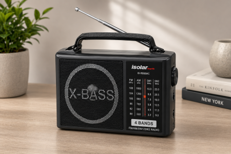 Radio cu ceas & portabile - Radio Portabil Isolar IS-R808AC, 4 Benzi FM/AM/SW1/SW2, Redare MP3 prin Bluetooth, USB și Card TF, Difuzor X-BASS, Alimentare AC/DC, Acumulator Reîncărcabil, Antenă Telescopică