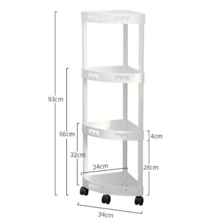 Raft colțar pentru baie cu 4 niveluri, 90 x 34 cm, din plastic, multifuncțional, design de colț, cu roți pentru deplasare ușoară, organizator pentru baie, alb [7]
