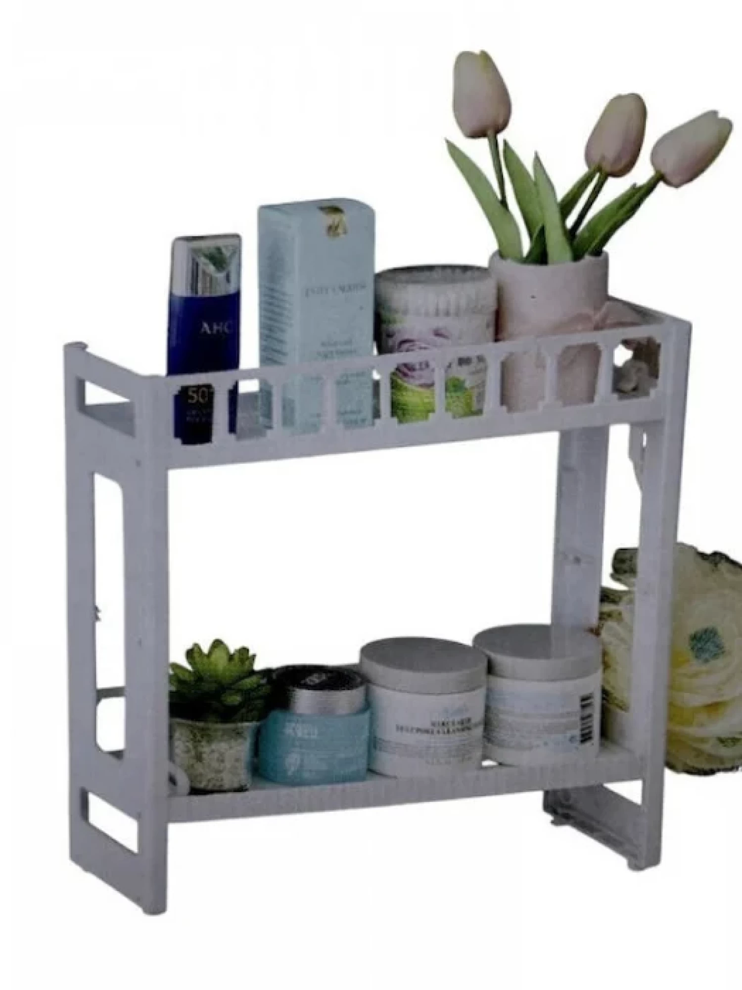 Raft de Baie cu 2 Niveluri, din Plastic, Montare pe Perete sau de Podea, Organizator pentru Produse de Igienă Personală, Compact și Rezistent [2]
