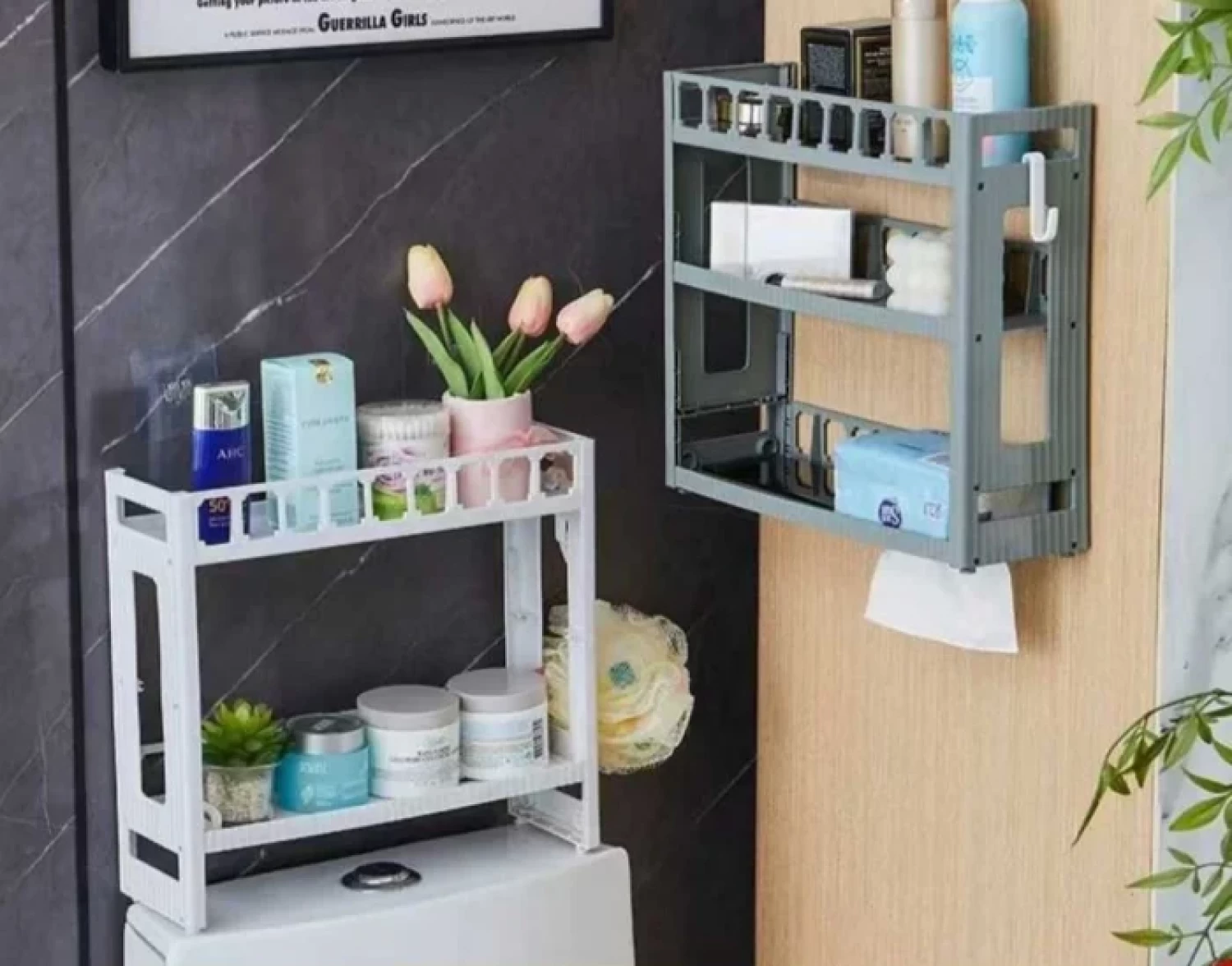 Rafturi, Organizatoare si Suporturi - Raft de Baie cu 2 Niveluri, din Plastic, Montare pe Perete sau de Podea, Organizator pentru Produse de Igienă Personală, Compact și Rezistent