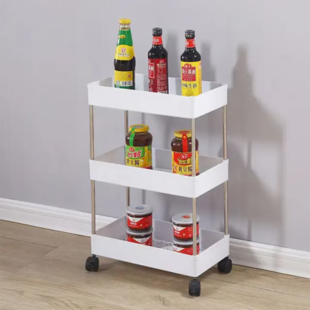 Rafturi, Organizatoare si Suporturi - Raft mobil cu 3 polițe și roți, realizat din metal și plastic, design compact cu aerisire, alb