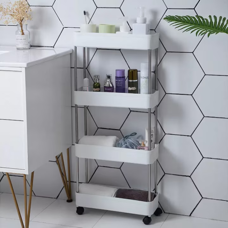 Rafturi, Organizatoare si Suporturi - Raft Mobil de Depozitare cu 4 Niveluri, din Metal și Plastic, Organizator cu Roți, Design Ventilat, 40,5 × 22,5 × 87 cm, Alb
