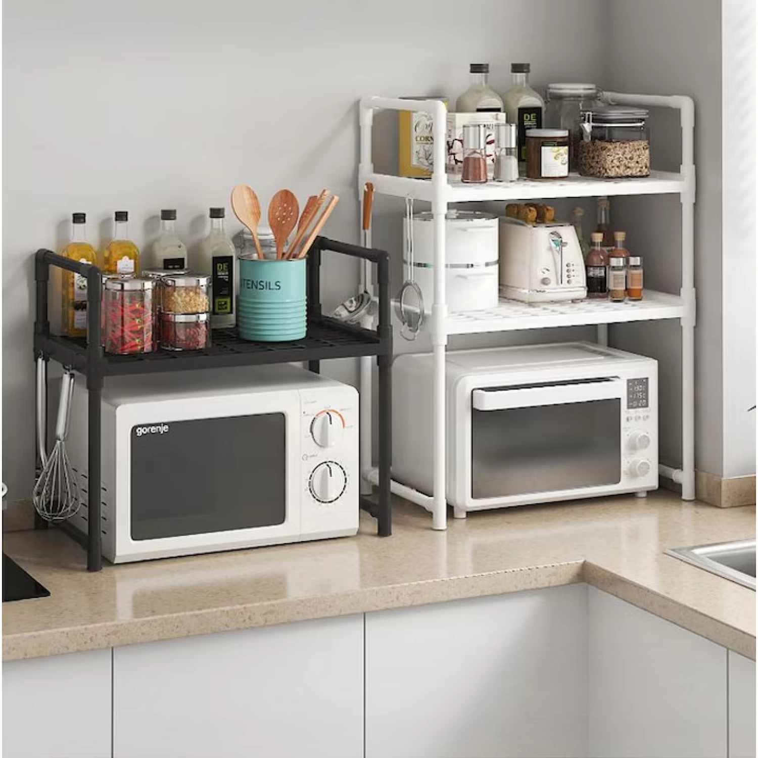 Raft pentru Cuptor cu Microunde, Organizator de Bucătărie din Plastic Rezistent, 49 × 48 × 32 cm, Negru, Ideal pentru Depozitarea Electrocasnicelor și Accesoriilor de Bucătărie [2]