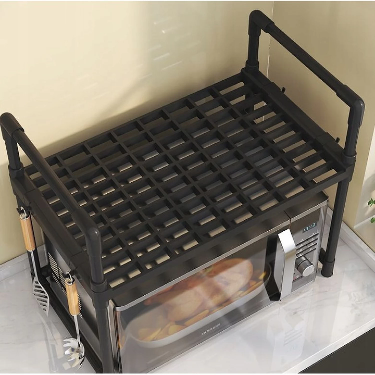 Raft pentru Cuptor cu Microunde, Organizator de Bucătărie din Plastic Rezistent, 49 × 48 × 32 cm, Negru, Ideal pentru Depozitarea Electrocasnicelor și Accesoriilor de Bucătărie [4]