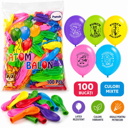 Produse si jucarii pentru copii - Set 100 Baloane Punch Ball din Latex - Multicolore, 45 cm, pentru Aer și Heliu, Ideale pentru Petreceri și Decor