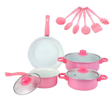 Casa si Bucatarie - Set 13 Piese Oale și Tigaie Antiaderente, Culoare Roz, Strat Antiaderent Rezistent, Accesorii din Silicon Alimentar Rezistent la Căldură, Ideal pentru Bucătărie Casnică și Profesională