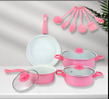 Set 13 Piese Oale și Tigaie Antiaderente, Culoare Roz, Strat Antiaderent Rezistent, Accesorii din Silicon Alimentar Rezistent la Căldură, Ideal pentru Bucătărie Casnică și Profesională [1]