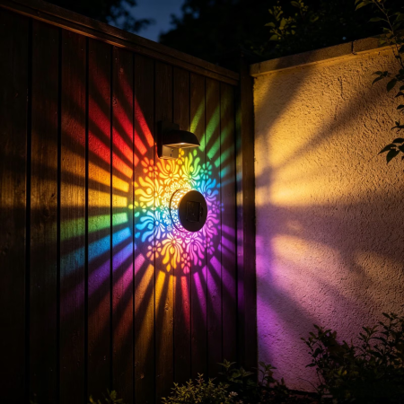 Napelemek és napelemes reflektorok - 2 db Napelemes Fali Lámpa Mandala Vetítéssel – RGB 7 Szín, Fém, IP65 Vízálló, Hangulatvilágítás, Dekoratív Fekete Kialakítás