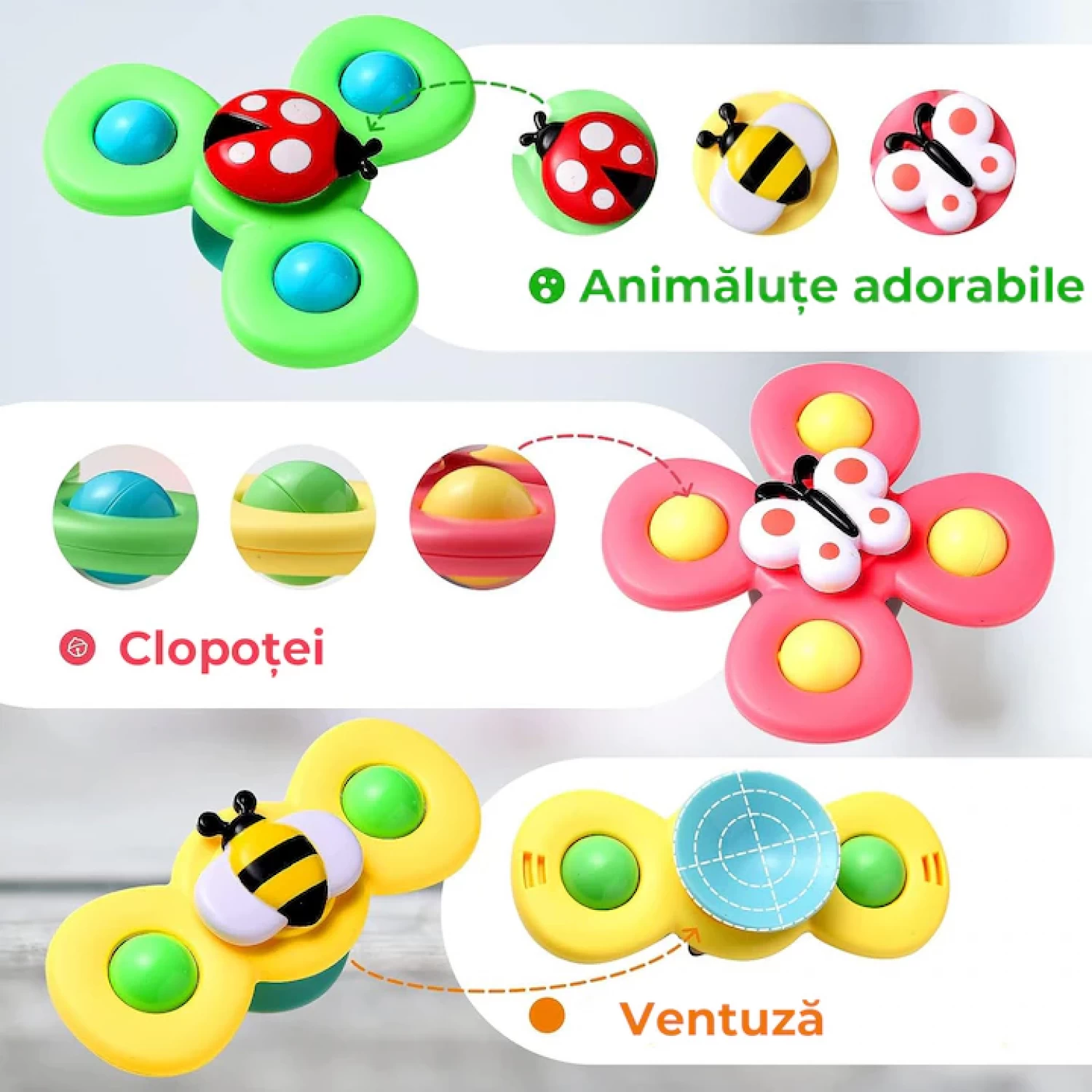 Set 3 Jucării Interactive cu Ventuză pentru Bebe - Spinner Educativ 1-2 Ani [6]