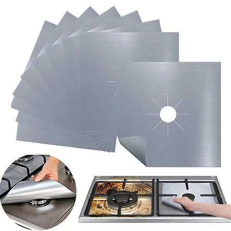 Casa si Bucatarie - Set 4 Folii Teflon Reutilizabilă 27x27 cm pentru Aragaz sau Plită, Rezistentă Termic -60°C până la 260°C, Argintiu, Grosime 0.3 mm