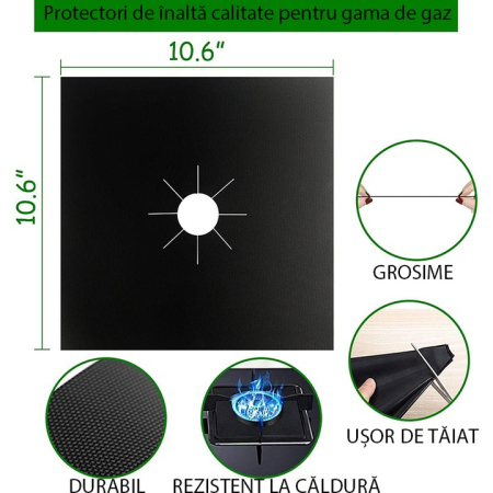 Set 4 Folii Teflon Reutilizabilă 27x27 cm pentru Aragaz sau Plită, Rezistentă Termic -60°C până la 260°C, Negru, Grosime 0.3 mm [10]