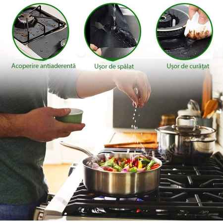 Set 4 Folii Teflon Reutilizabilă 27x27 cm pentru Aragaz sau Plită, Rezistentă Termic -60°C până la 260°C, Negru, Grosime 0.3 mm [7]