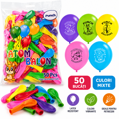 Produse si jucarii pentru copii - Set 50 Baloane Punch Ball din Latex - Multicolore, 45 cm, pentru Aer și Heliu, Ideale pentru Petreceri și Decor