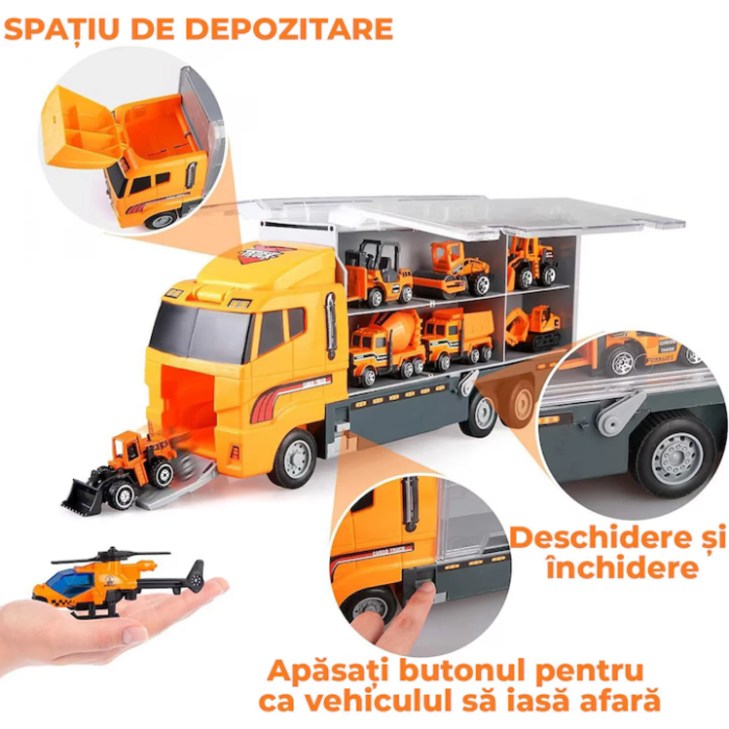 Set Camion Trailer de Jucărie cu 12 Piese - Funcții Pull-Back, Fricțiune și Uși Deschise, pentru Copii 3-7 Ani [4]