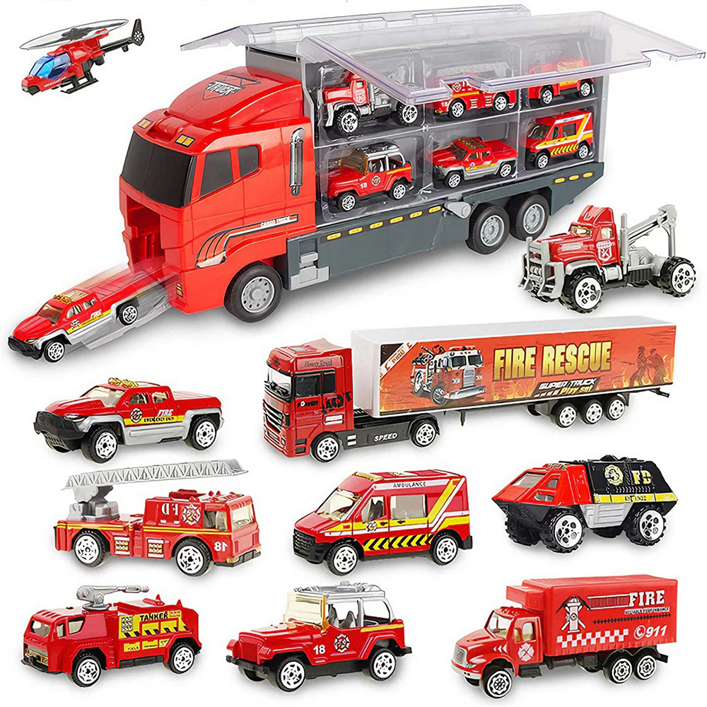 Produse si jucarii pentru copii - Set Camion Trailer de Jucărie cu 12 Piese - Funcții Pull-Back, Fricțiune și Uși Deschise, pentru Copii 3-7 Ani