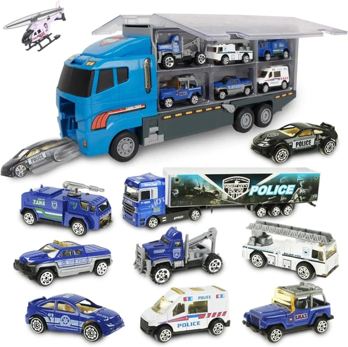 Produse si jucarii pentru copii - Set Camion Trailer de Jucărie cu 12 Piese - Funcții Pull-Back, Fricțiune și Uși Deschise, pentru Copii 3-7 Ani