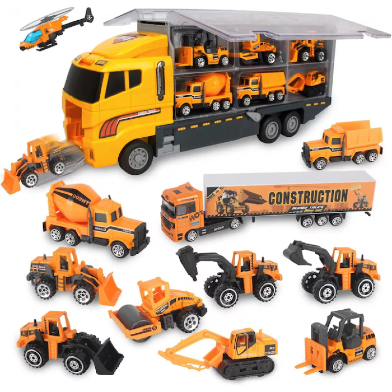 Produse si jucarii pentru copii - Set Camion Trailer de Jucărie cu 12 Piese - Funcții Pull-Back, Fricțiune și Uși Deschise, pentru Copii 3-7 Ani