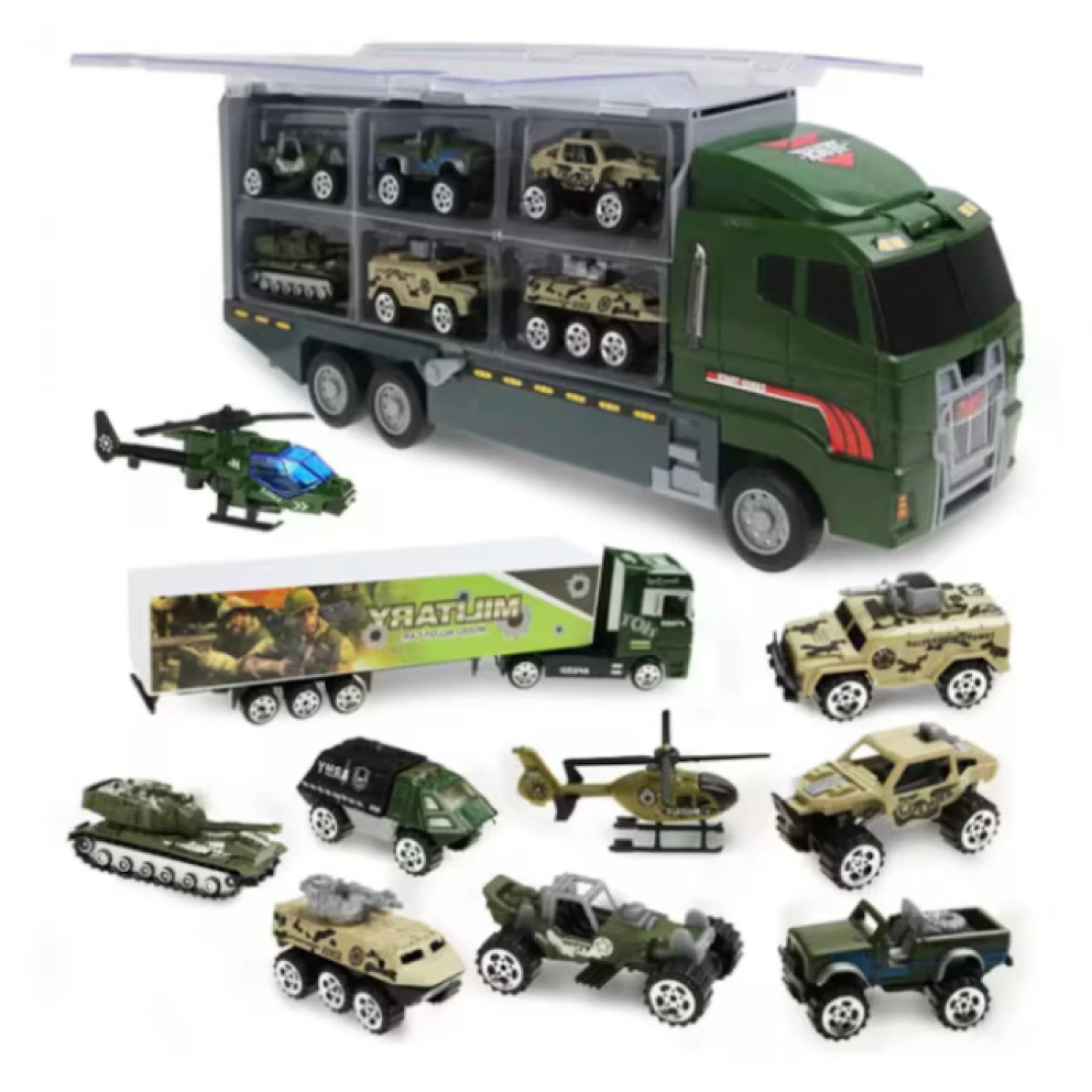 Produse si jucarii pentru copii - Set Camion Trailer de Jucărie cu 12 Piese - Funcții Pull-Back, Fricțiune și Uși Deschise, pentru Copii 3-7 Ani