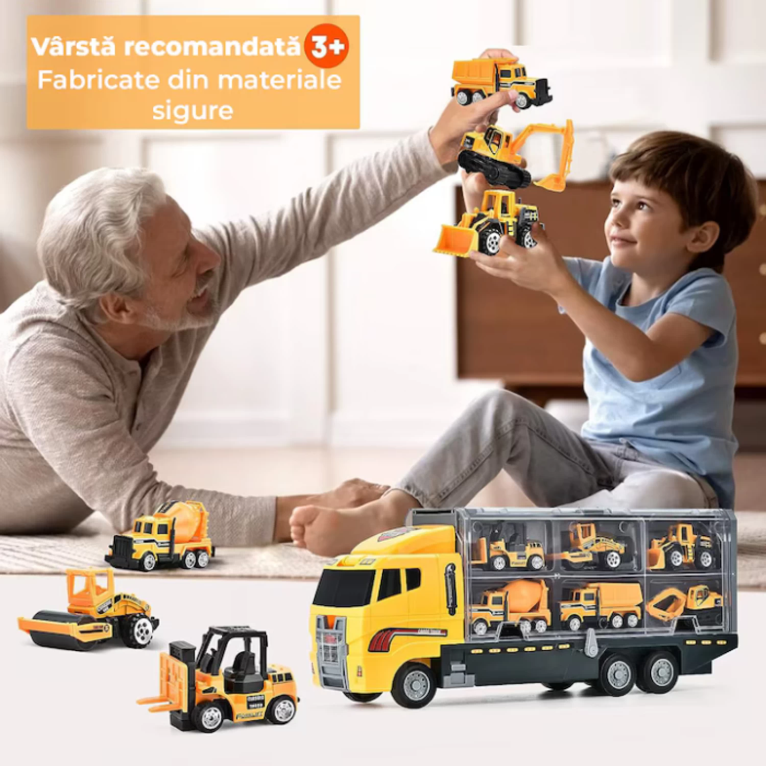 Set Camion Trailer de Jucărie cu 12 Piese - Funcții Pull-Back, Fricțiune și Uși Deschise, pentru Copii 3-7 Ani [3]