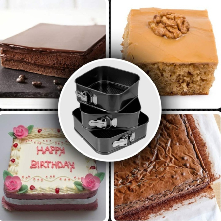 Set de 3 tăvi pătrate pentru tort, dimensiuni 24, 26 și 28 cm, cu inel detașabil, antiaderente și rezistente la scurgeri, pentru cheesecake și deserturi [1]
