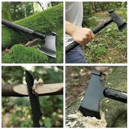 Set topor multifuncțional 6 în 1, 43.5 cm, cu accesorii outdoor - amnar, cuțit, fluier, busolă și spargător sticlă, oțel 420 [1]