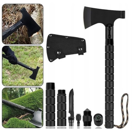 Set topor multifuncțional 6 în 1, 43.5 cm, cu accesorii outdoor - amnar, cuțit, fluier, busolă și spargător sticlă, oțel 420 [6]