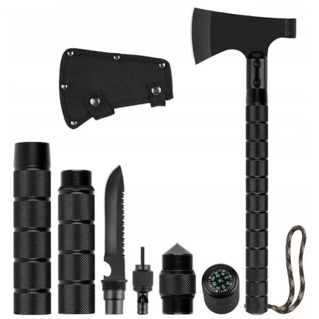 Casa si Bucatarie - Set topor multifuncțional 6 în 1, 43.5 cm, cu accesorii outdoor - amnar, cuțit, fluier, busolă și spargător sticlă, oțel 420