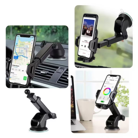 Suport Auto Universal pentru Telefon, Braț Lung Reglabil, Montare pe Bord, Parbriz sau Grila de Ventilație, Rotire 360°, Compatibil cu Toate Smartphone-urile, Utilizare Hands-Free, Negru [1]